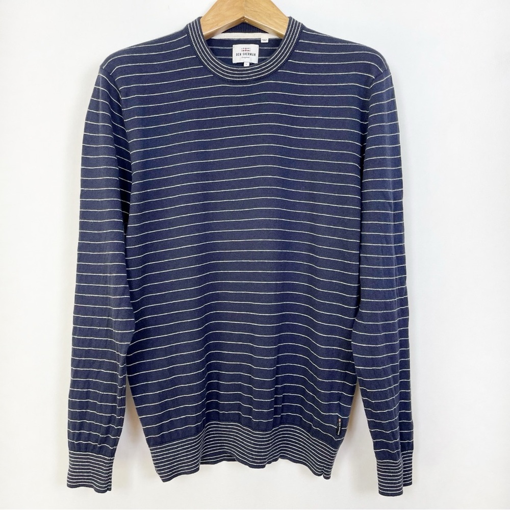 Ben Sherman Navy White Striped Cotton Merino Wool Crewneck Sweater Size Large - Picture 11 of 12